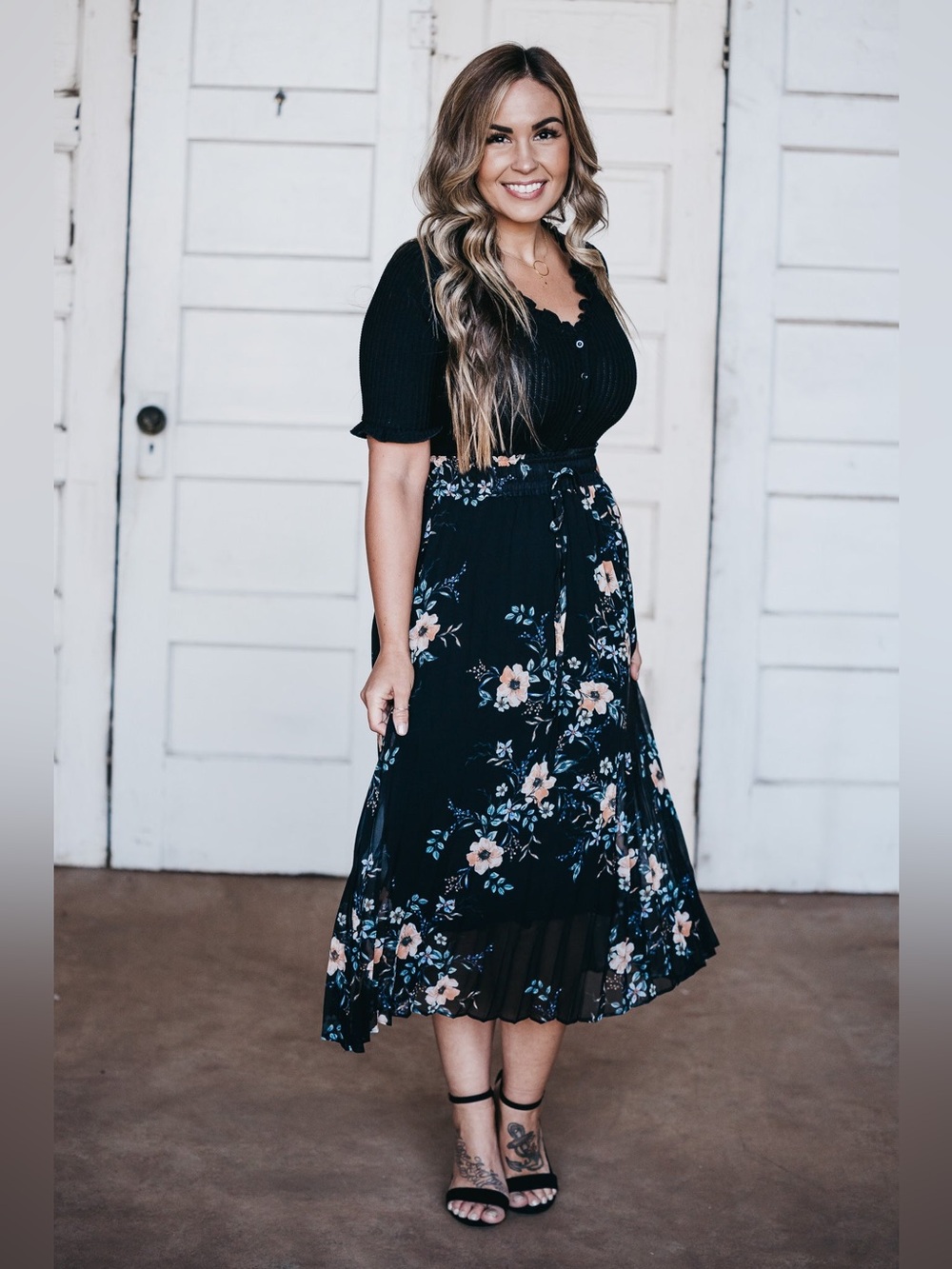 Olivaceous Black Floral Pleated Midi Skirt Petite Friendly! - Picture 2 of 5